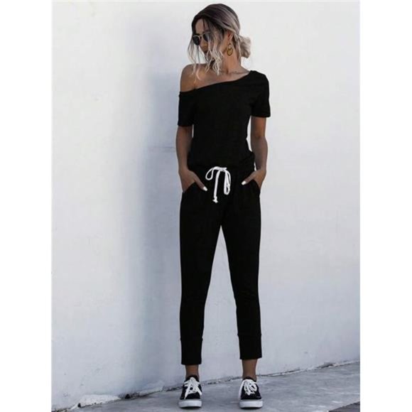 Drawstring Waist Lounge Jumpsuit- Black - Picture 1 of 7